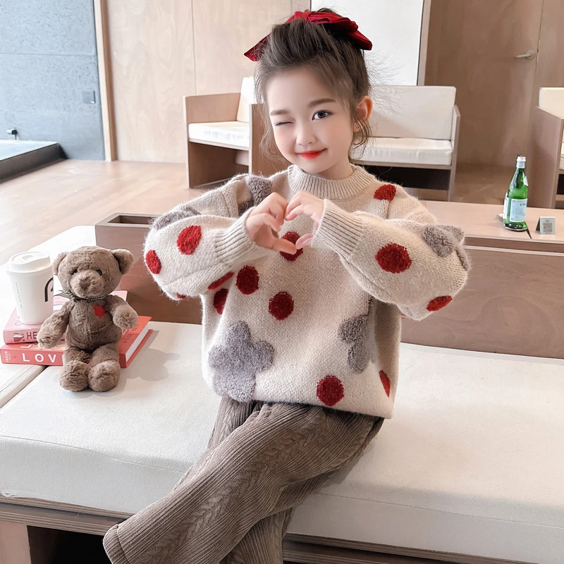 女童洋气圆点毛衣儿童秋冬装新款女宝宝针织打底衫小女孩线衣时髦