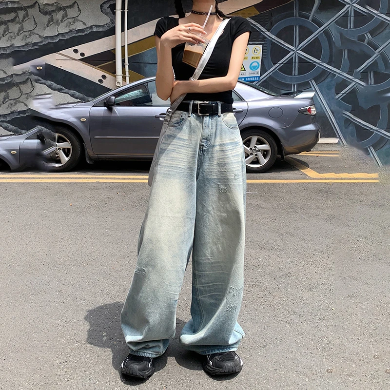 ZAZN复古磨破设计感高腰牛仔裤女秋宽松阔腿显瘦百搭垂感长裤