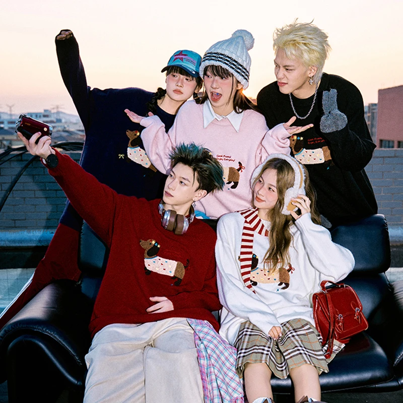 RICHDEER｜男女同款美式趣味腊肠狗刺绣毛衣国潮慵懒风针织衫