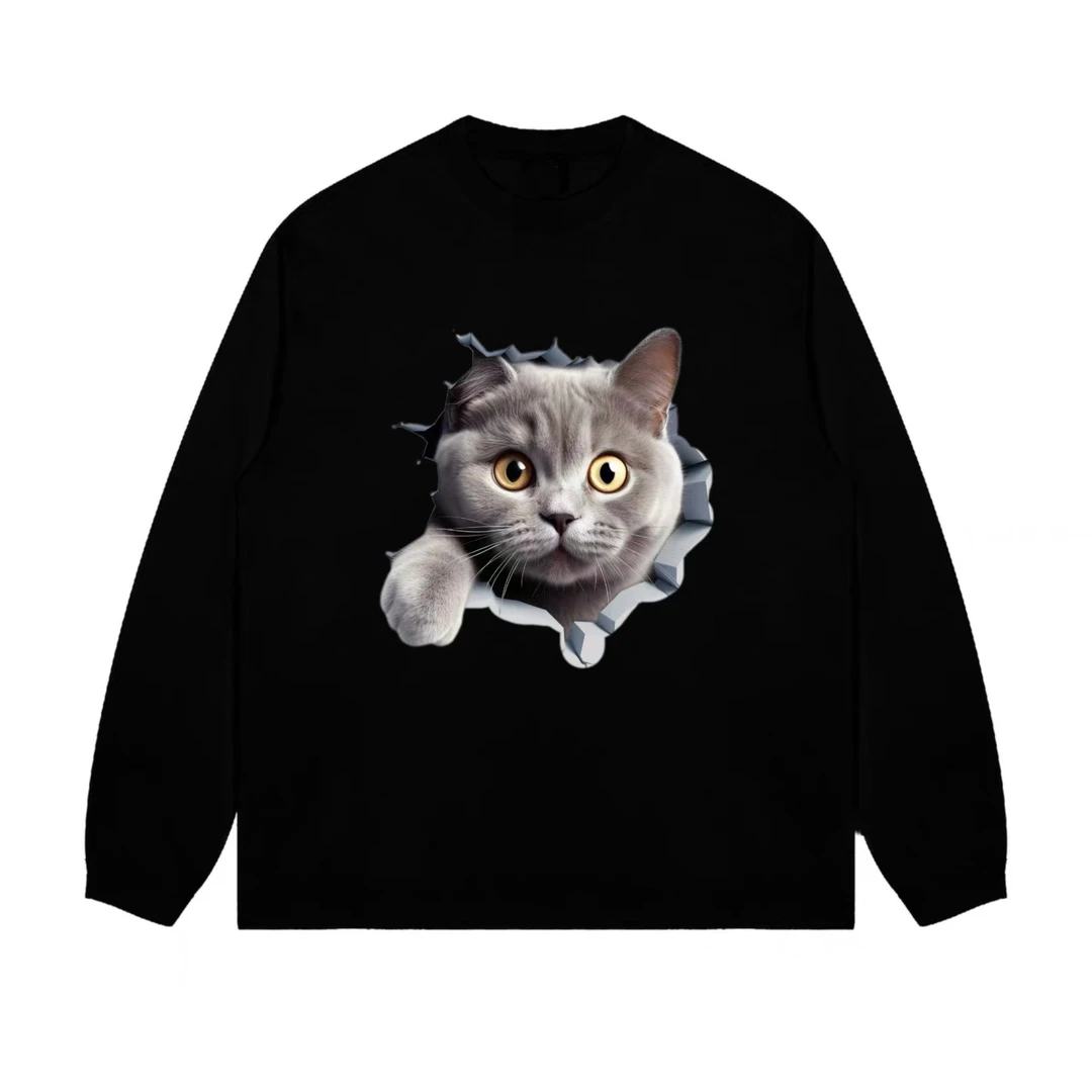 HGFJ【520g重磅破墙英短蓝猫】设计印花防寒卫衣男女情侣装秋冬宽松