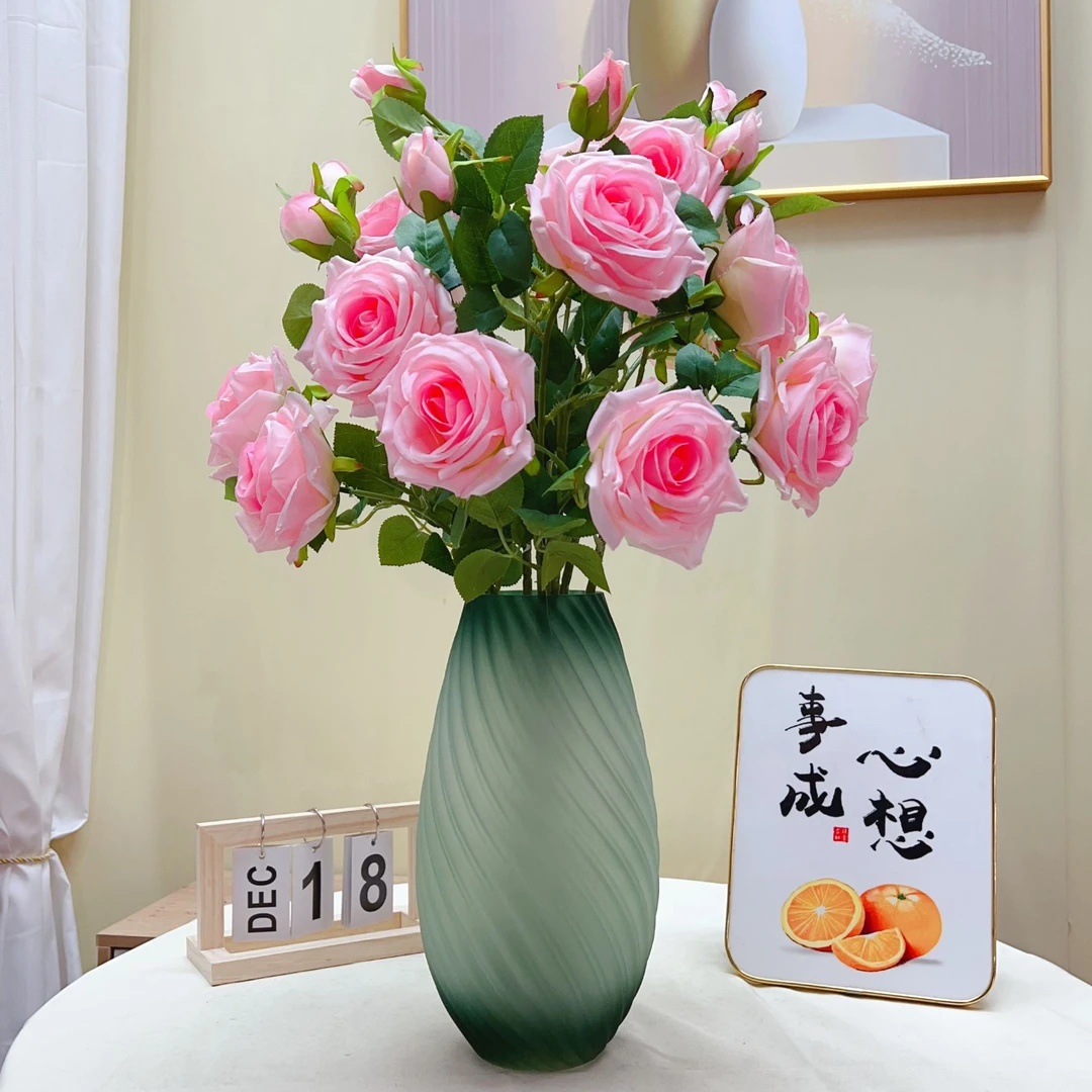欧式逼真手感仿真玫瑰花绢花假花水晶玫瑰花瓶插花家居装饰摆件