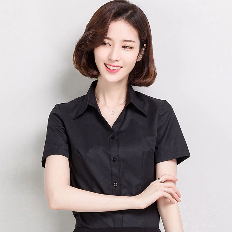 优质短袖职业黑衬衫女夏季高档酒店工作服银行面试v领工装白衬衣