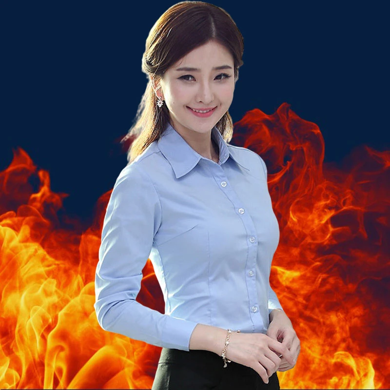 加绒加厚大码白色衬衫女秋冬季保暖长袖职业衬衣气质打底外穿正装