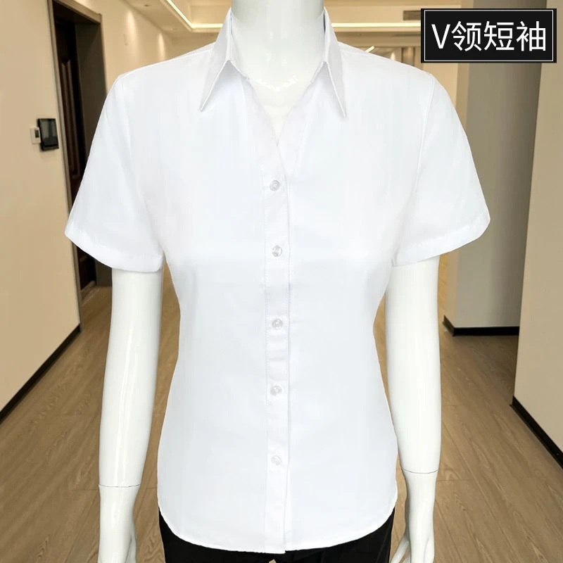 女士小V领短袖黑色衬衫夏季韩版修身时尚学生面试汽车4S工装衬衣