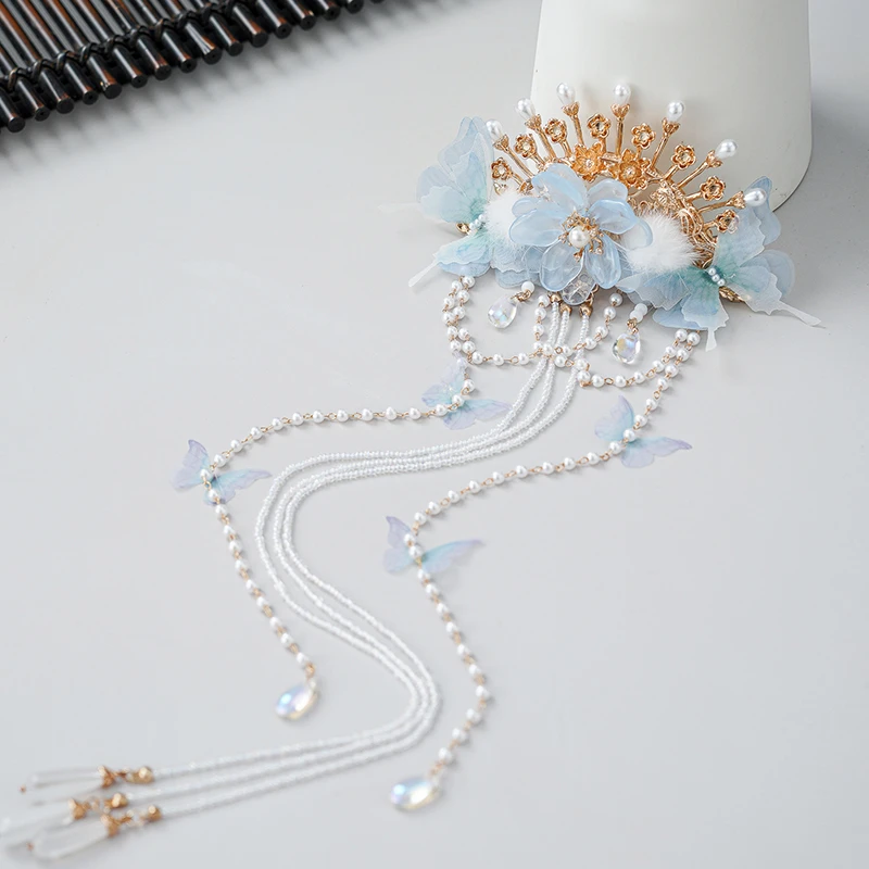 气质温婉国风雪绒蝶长流苏后压发饰中式超仙旗袍汉服马面裙配饰女