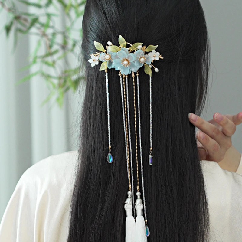 夏日森系超仙温婉国风涧水蓝流苏后压头饰古风旗袍汉服马面裙发饰