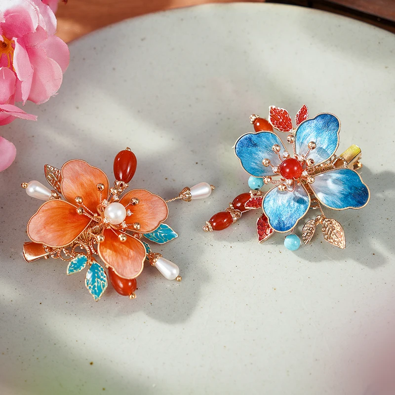 新中式非遗手工蚕丝绒花漫橘发夹旗袍马面裙头饰古风夹子女