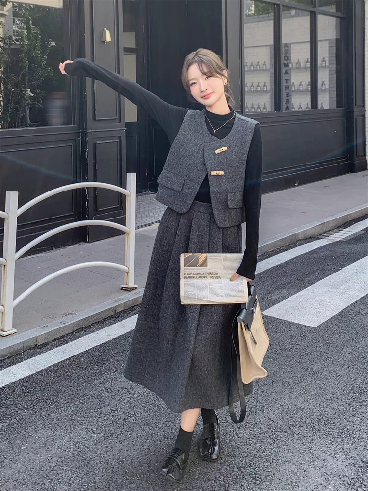 【送腰带】云端小香风毛呢马甲半身裙女气质高级韩系秋冬套装四件套