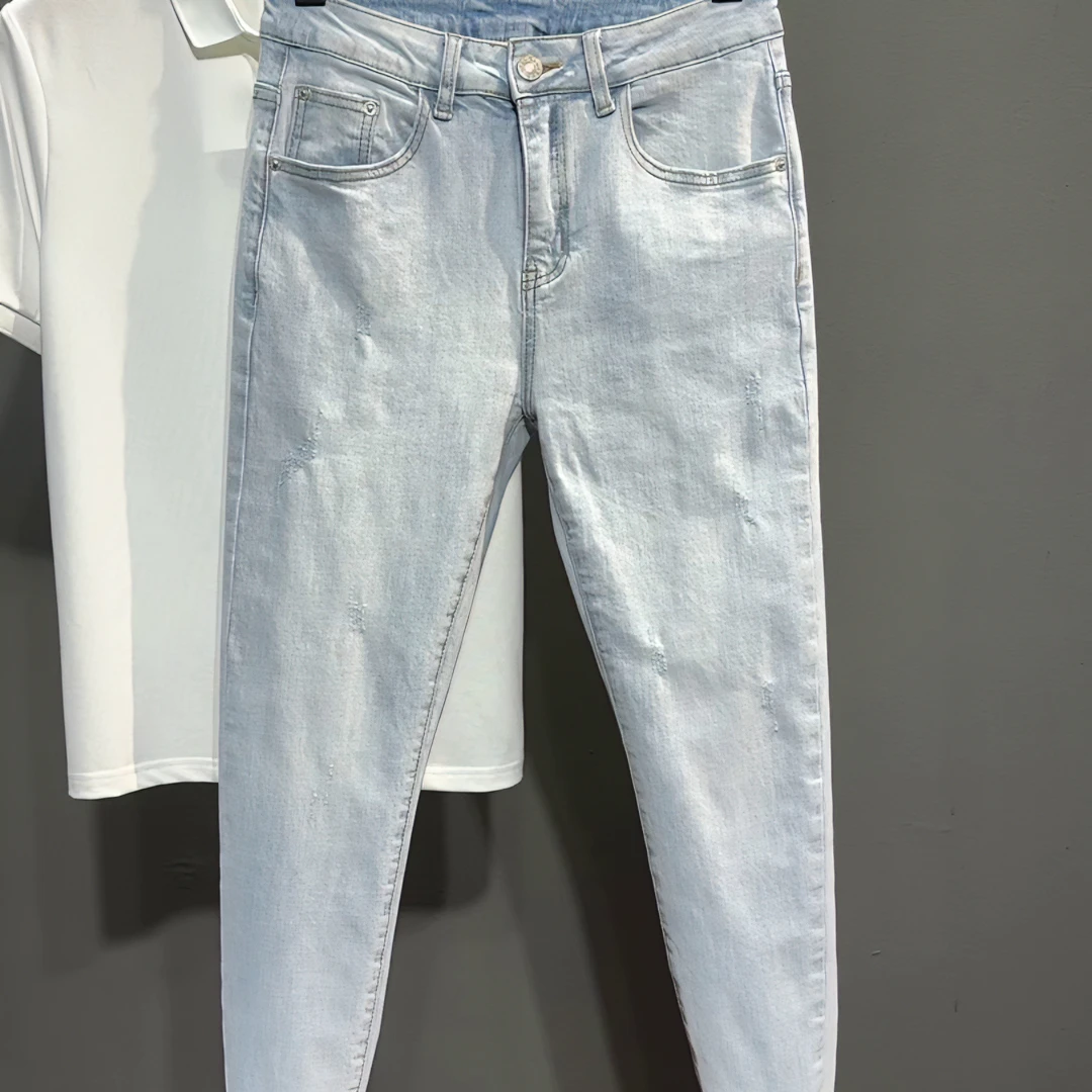 春夏水洗浅蓝九分牛仔裤男潮牌猫须百搭帅气小脚9分裤裤男生韩版