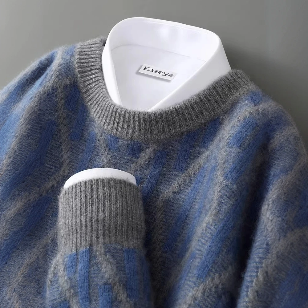 24秋冬圆领100%山羊绒衫男士撞色宽松加厚套头毛衣羊毛针织打底衫