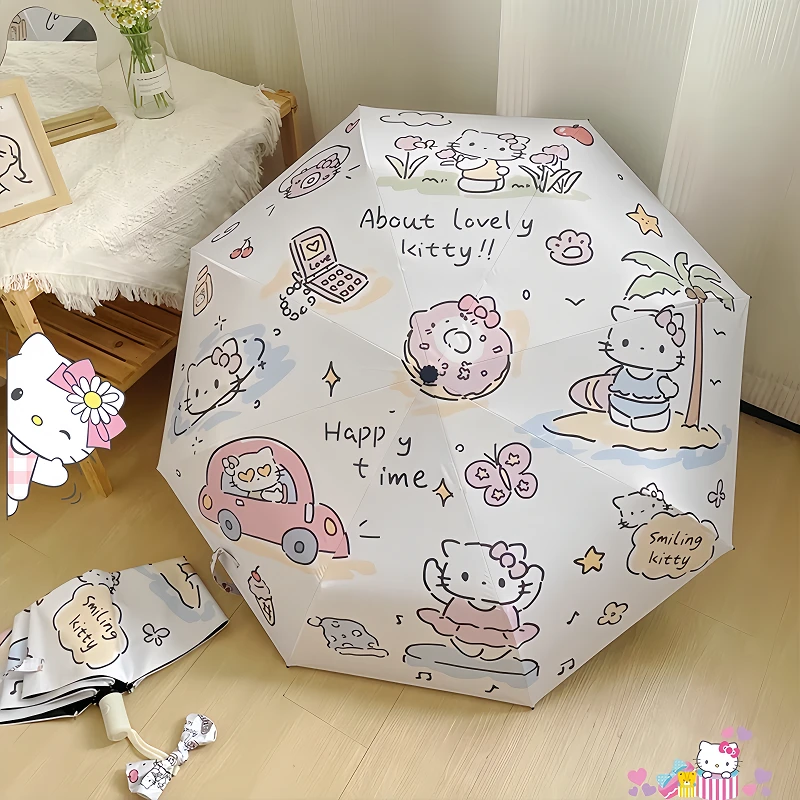 御夏hellokitty凯蒂猫全自动雨伞女晴雨两用小巧高颜值黑胶太阳伞