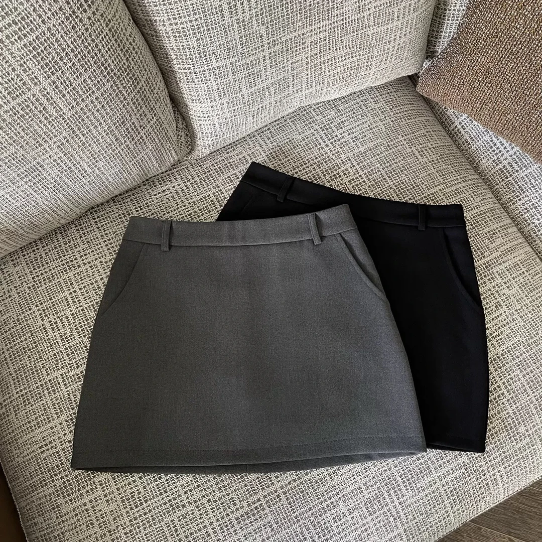 FASC自制 秋冬新款灰色半身裙女包臀裙a字短裙韩版高腰黑色西装裙