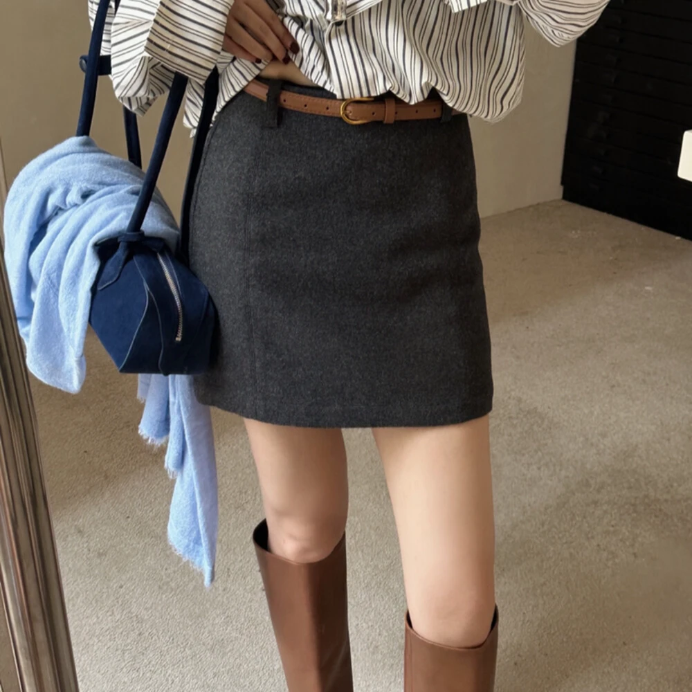 FASC自制 灰色毛呢半身裙高腰短裙女冬简约显瘦百搭小个子A字裙