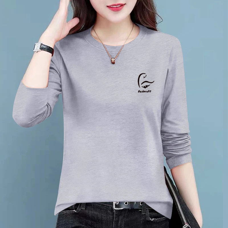 纯棉长袖t恤女春秋薄款韩版宽松显瘦时尚百搭圆领休闲女士打底衫