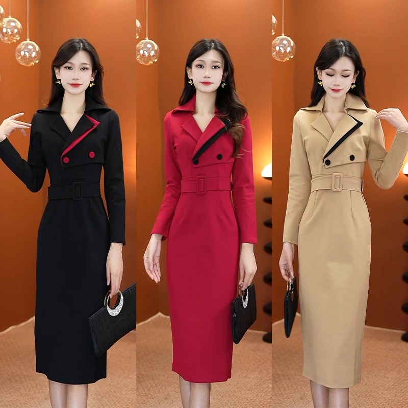 【文】设计感连衣裙2024冬季新款加厚长袖中长款修身气质显瘦1227