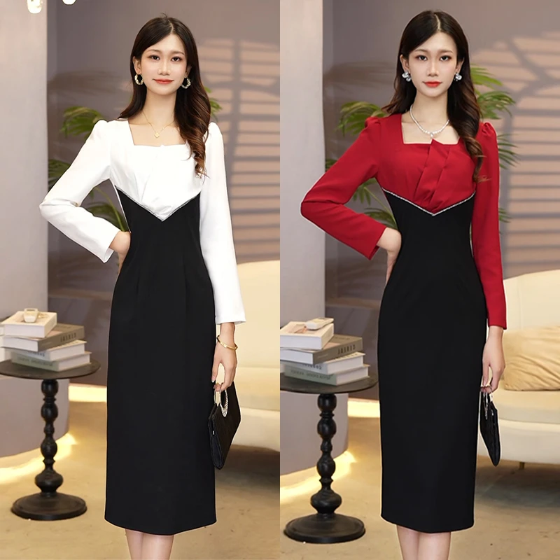 【文】黑白拼接连衣裙2024秋季新款重工收腰中长款长袖气质显瘦2651