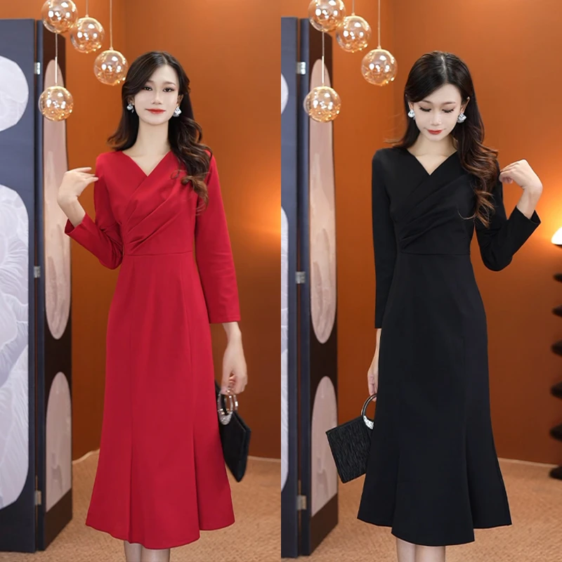 【文】长袖设计感鱼尾裙2024秋冬气质显瘦收腰中长款遮跨时尚5090