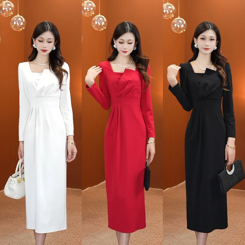 【文】气质捏褶连衣裙2024秋冬新款修身遮肉显瘦中长款长袖2656