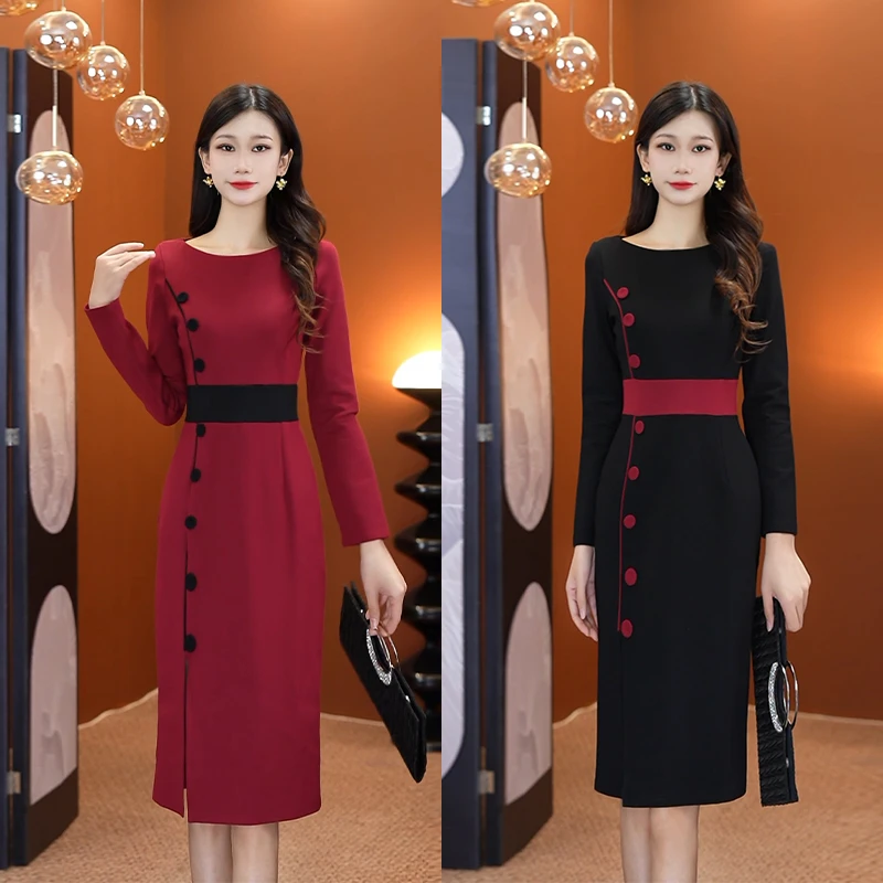 【文】气质纽扣连衣裙2024秋冬新款收腰显瘦中长款长袖裙子5006