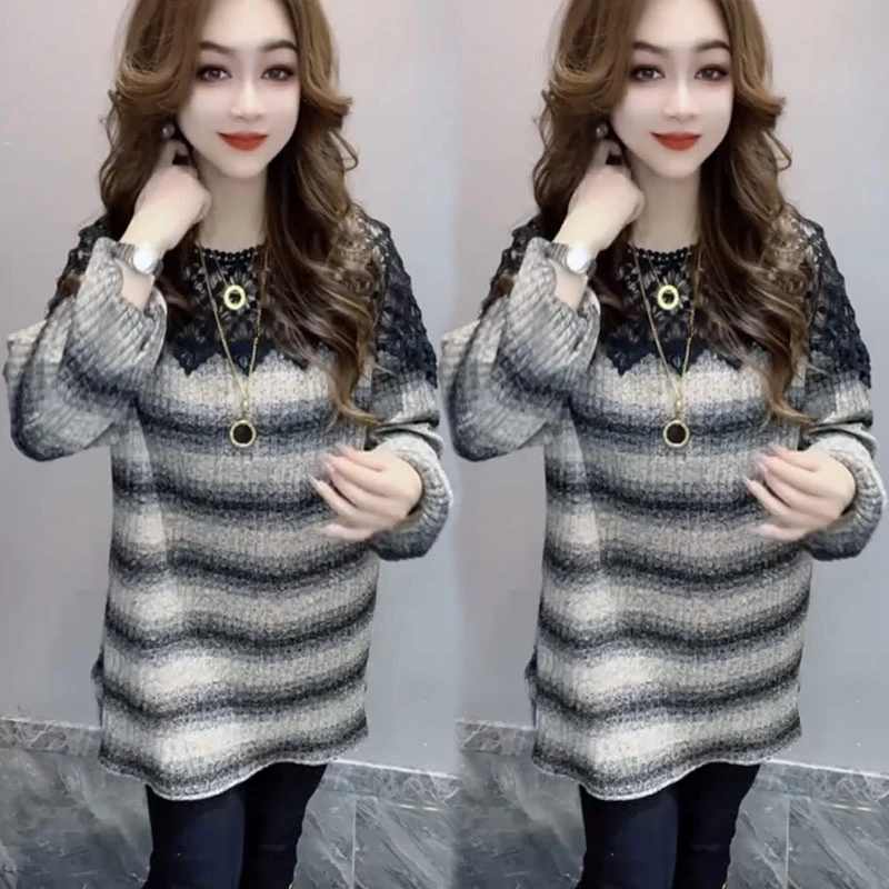 网红欧货小众花边拼接长袖洋气秋季新款上衣女时尚蕾丝小衫中长款