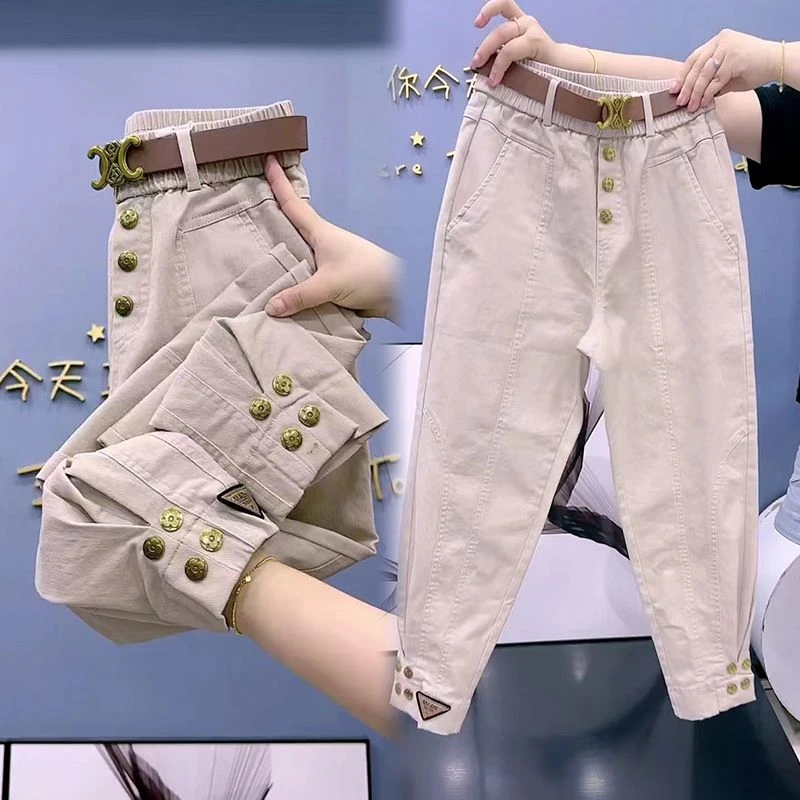 新款水洗棉腰带休闲裤弹力百搭时尚显瘦高腰秋冬哈伦裤洋气小脚裤