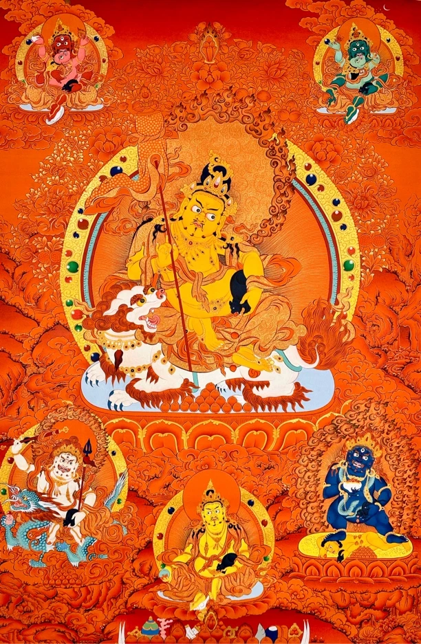 藏族画师手绘矿物颜料唐卡画财宝天王六路财神尺幅100×70