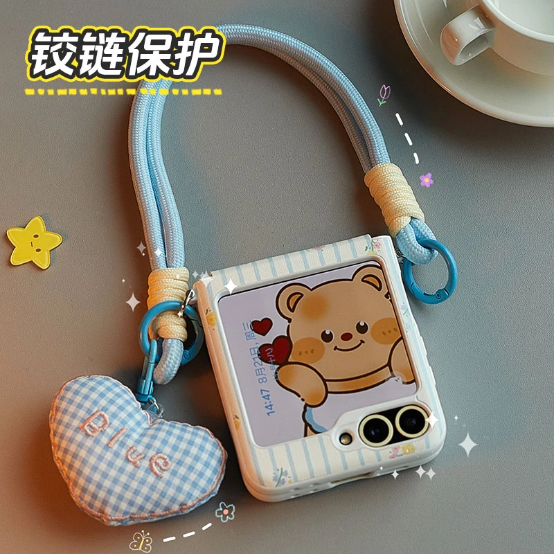 适用三星zflip6手机壳新款可爱卡通小熊折叠屏全包防摔皮纹保护套