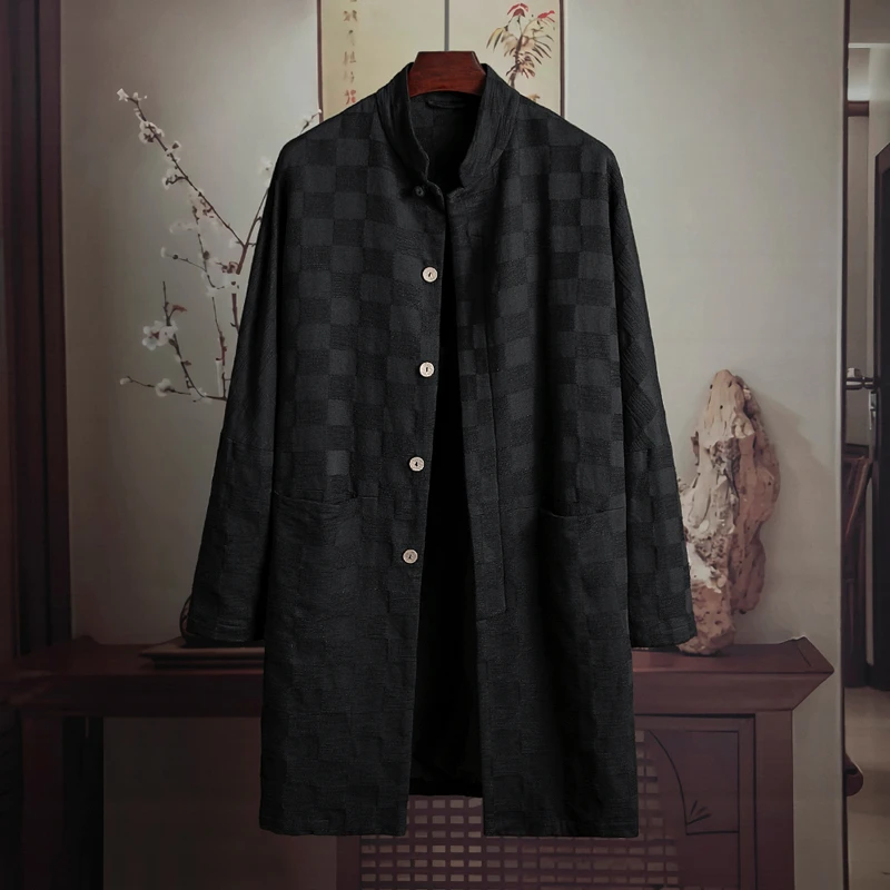 由天丨断码中式男装棋盘格风衣春秋季中长款男士棉麻长袖外套