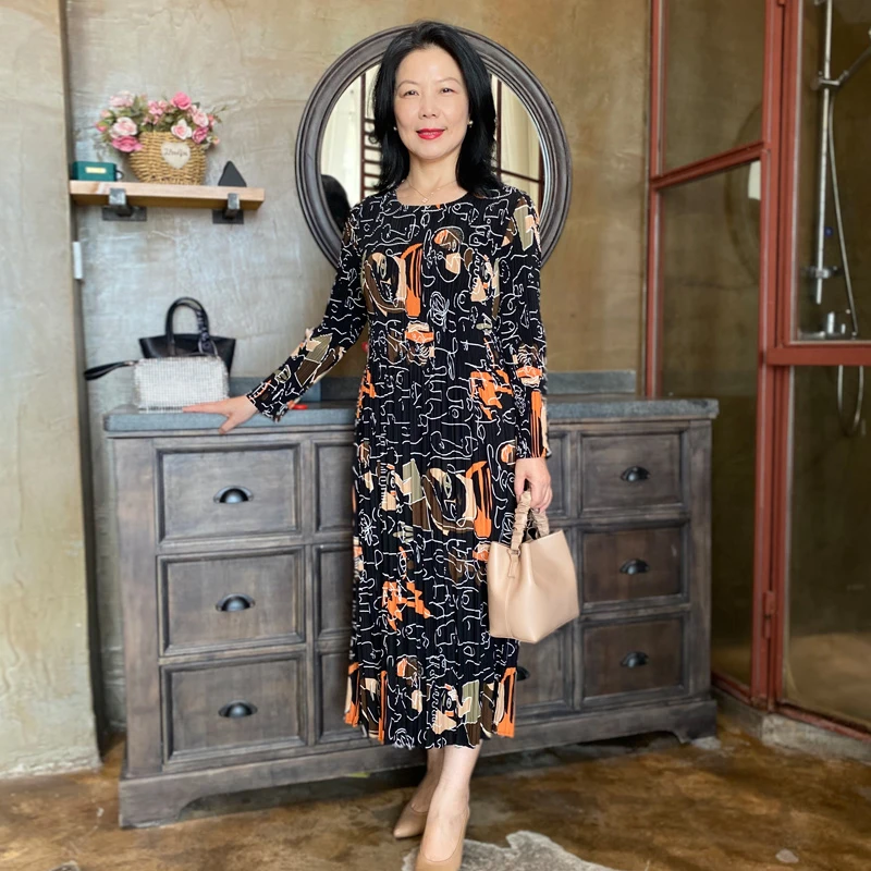 （黑橘）高弹力褶皱工艺三宅风格妈妈连衣裙胖瘦都好穿春秋季2009