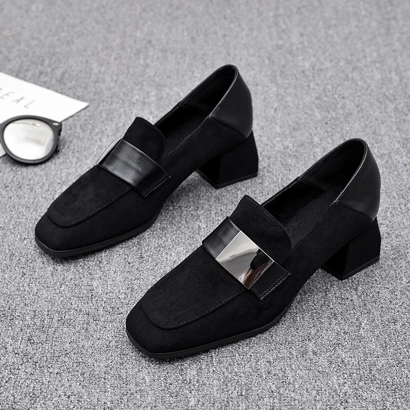 真皮断码清仓乐福鞋女粗跟2025春季新款高跟鞋方头英伦风黑色女鞋