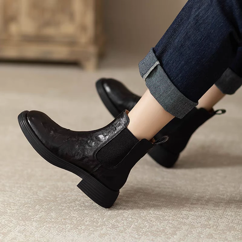 羊皮断码清仓切尔西靴女平底2025冬季新款复古烟筒靴加绒真皮短靴