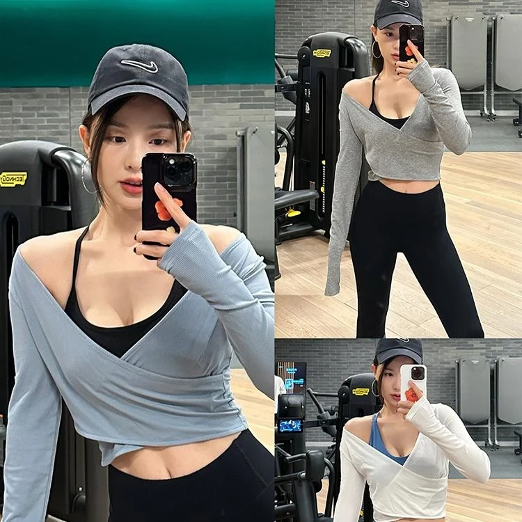 And Dense交叉 瑜伽长袖t恤 运动 健身短款罩衫上衣外穿 前后两穿