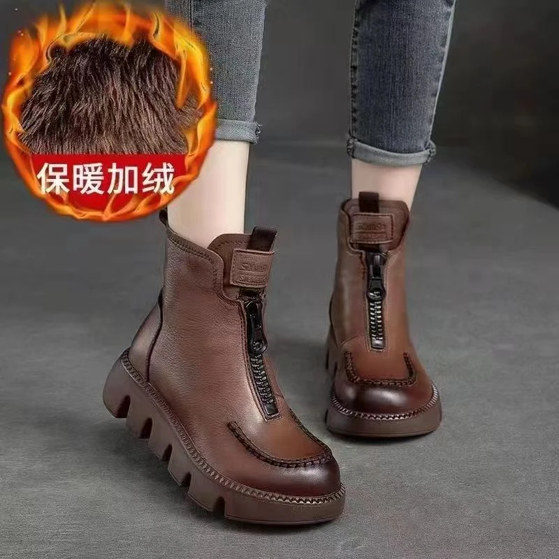 厚底前拉链短靴女2023秋冬新款复古百搭圆头马丁靴