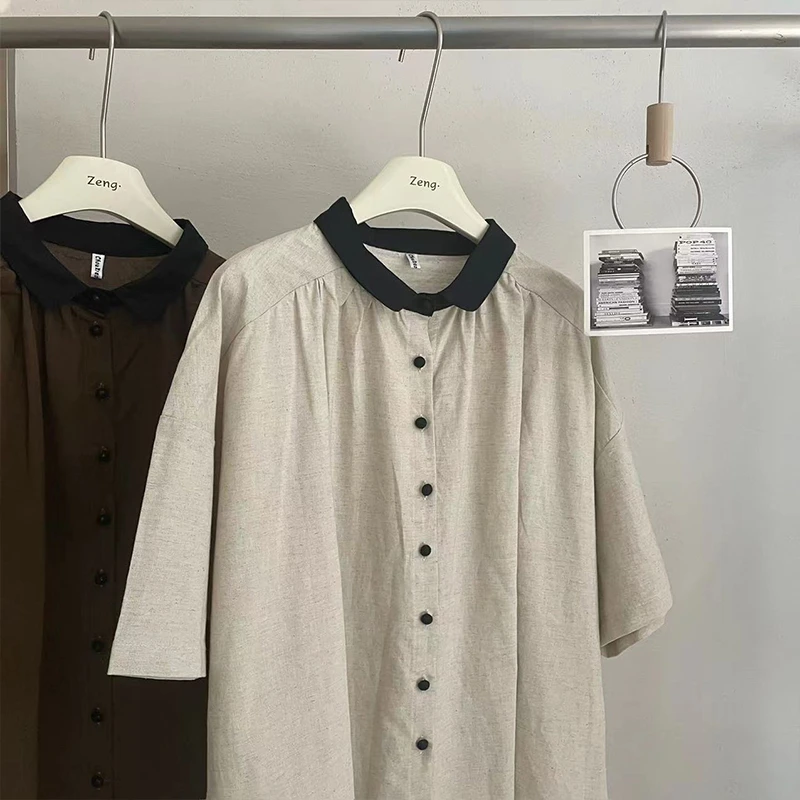 曾曾家【小衫系列】棉麻翻领短袖小衫设计款上衣2025夏季