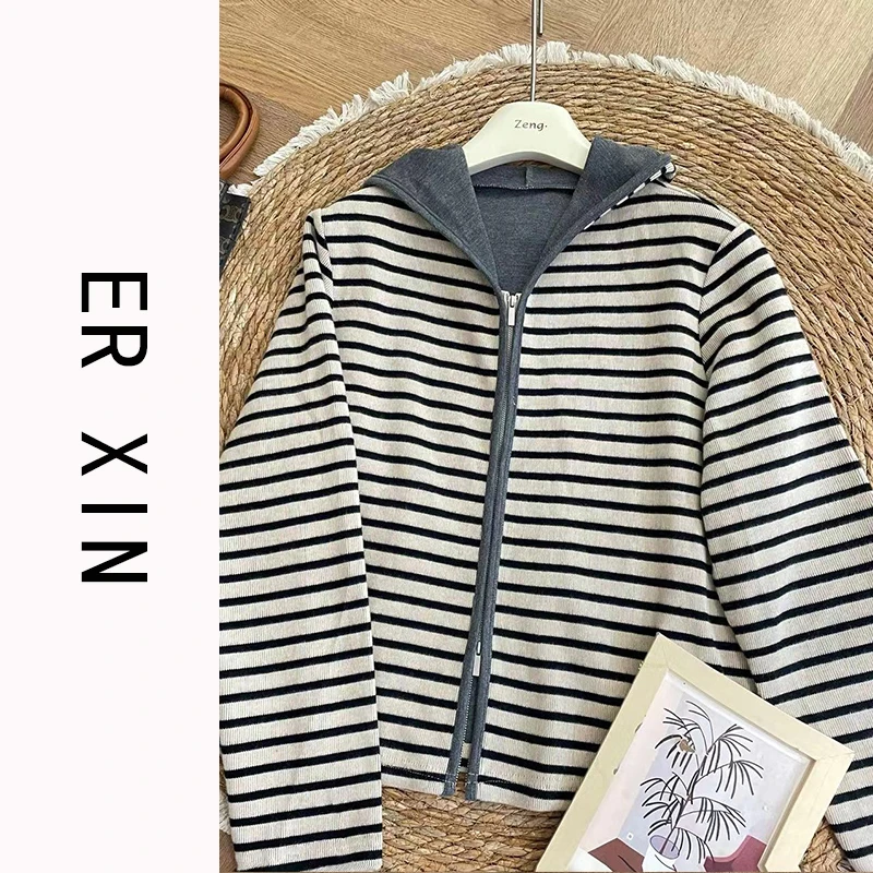 ‘秋色伊人‘2024秋冬新款 针织连帽 拉链开衫 韩系风