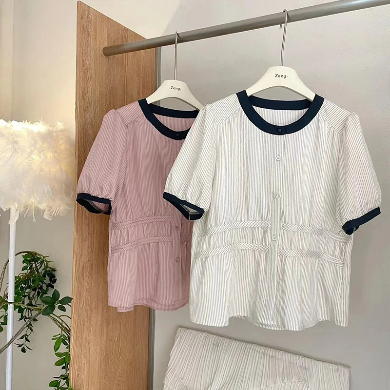 曾曾家【小衫系列】横条收腰小衫设计款大版短袖上衣2024夏季