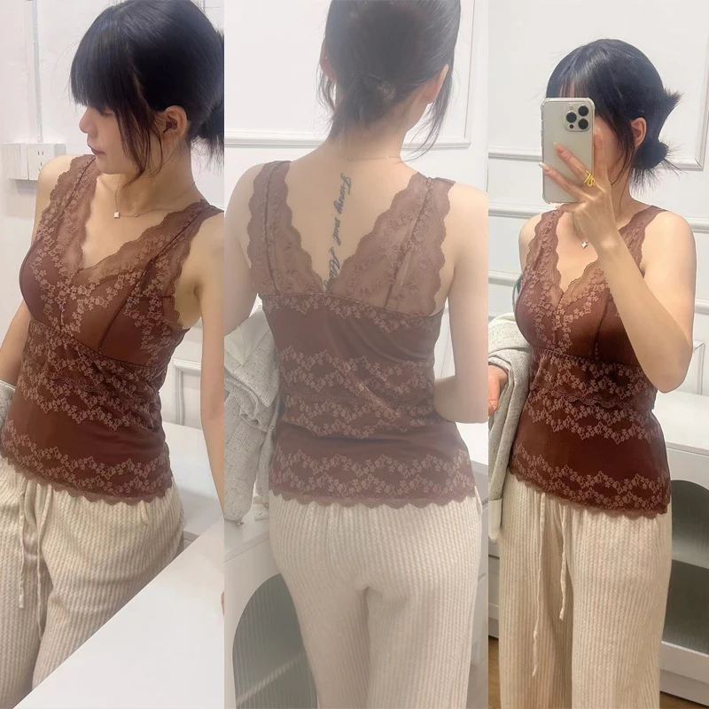 乳腺术后法式蕾丝宽肩带保暖背心秋冬加绒双层加厚大V美背大码