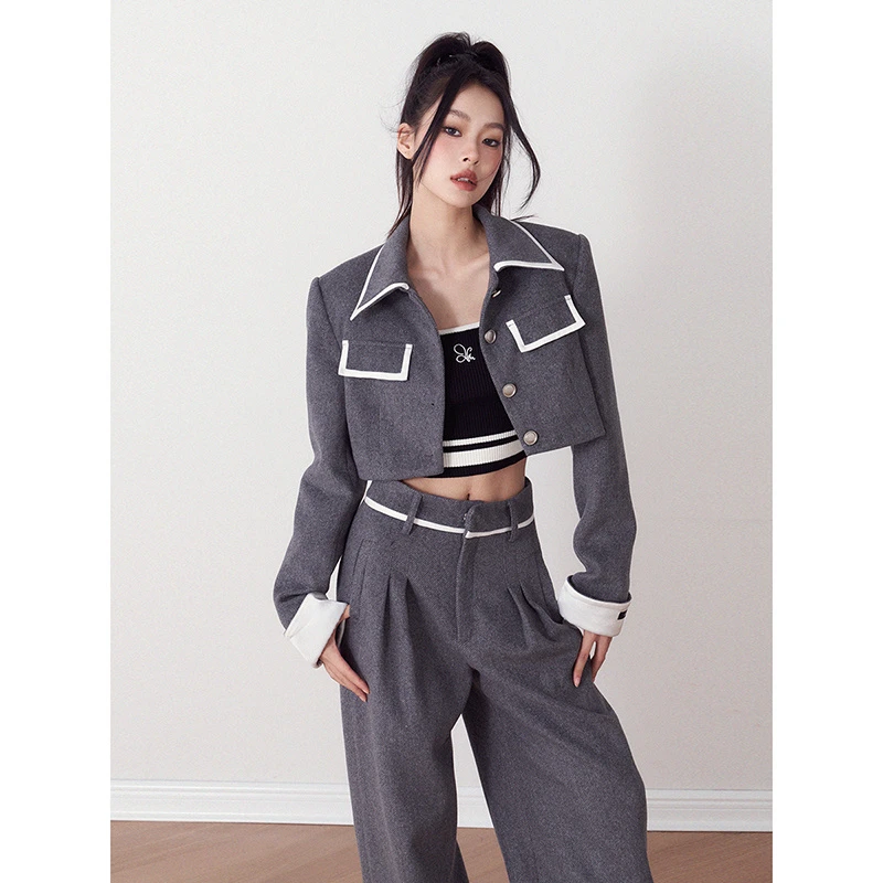 AGAM STUDIO 灰色毛呢西装小香风外套+垂感毛呢直筒宽松休闲西裤