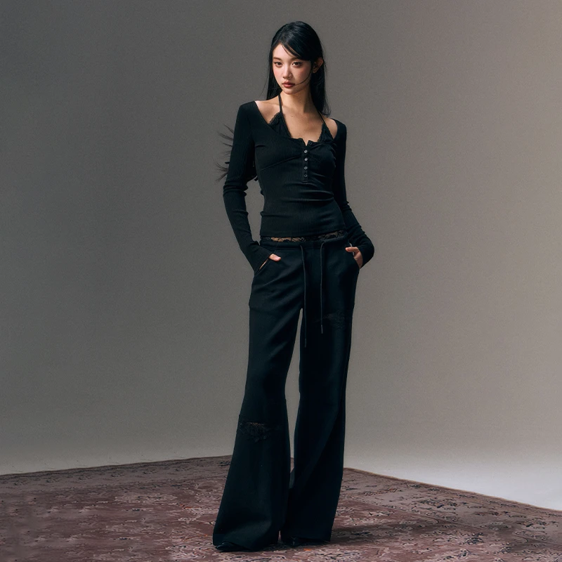 AGAM STUDIO【官方专享】纯欲辣妹风蕾丝拼接挂脖上衣半开襟打底衫