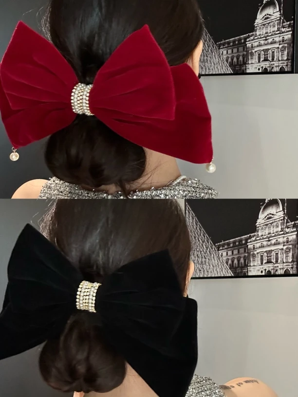 【miss】法式贵气名媛超大丝绒蝴蝶结发夹圣诞节元旦节红色簧夹