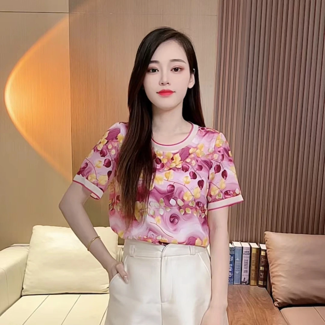 玫宝娜 春夏新款气质百搭彩色树叶半袖上衣S09721