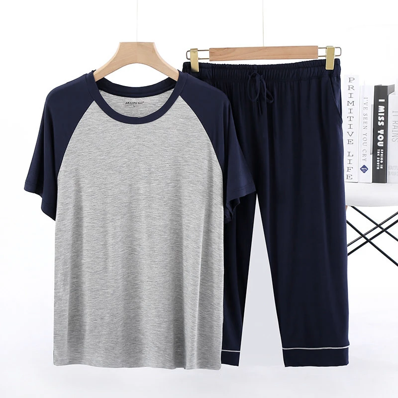 男士莫代尔睡衣夏季拼色圆领短袖七分裤大码休闲家居服套装可外穿