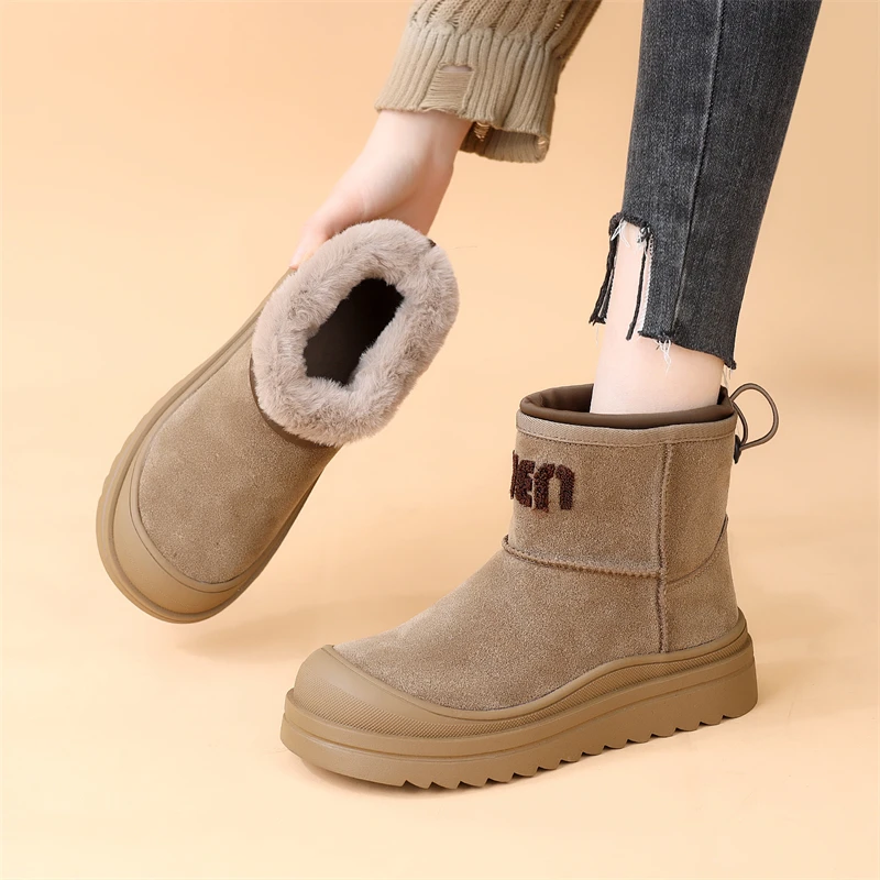 磨砂皮洋气厚底雪地靴女2024冬季加绒加厚雪地棉增高软底保暖棉靴