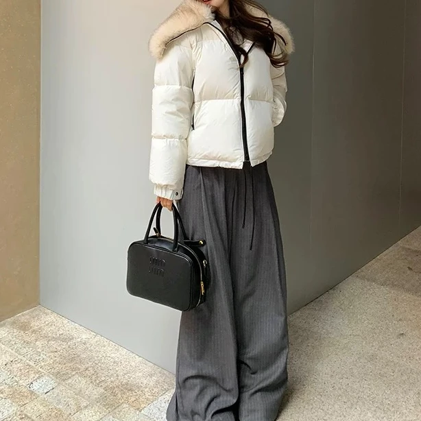 【阿喜】2024冬季新款爆款白色短款羽绒服女白鸭绒狐狸毛领外套