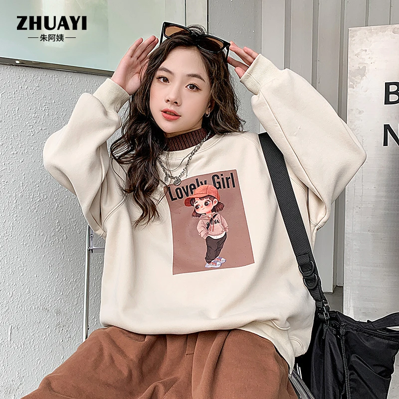 加绒加厚女童卫衣假两件宽松保暖女大童卫衣秋冬休闲百搭印花长袖