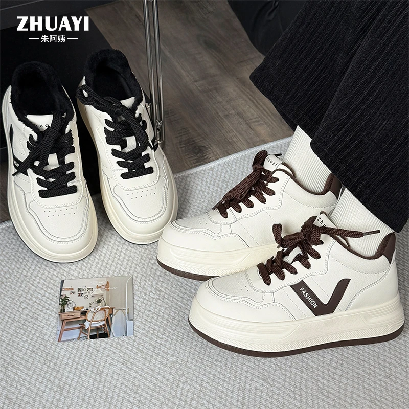 朱阿姨2024冬季厚底加绒小白鞋百搭秋冬ins韩版