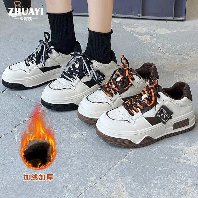 朱阿姨女童板鞋加绒保暖真皮运动鞋2023冬季新款双色鞋带厚底板鞋