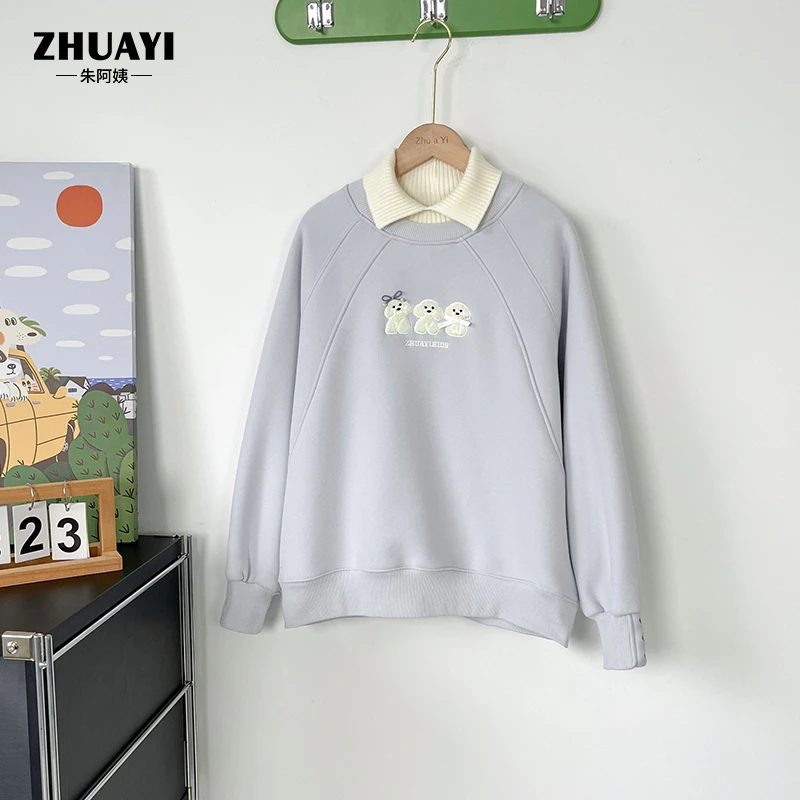 朱阿姨女大童加绒加厚卫衣冬装新款翻领卫衣学生大女孩保暖长袖