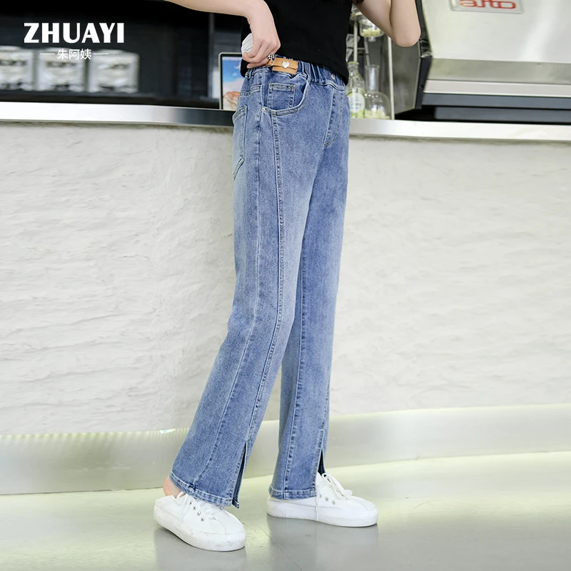 显瘦开叉喇叭裤2023春秋女童微弹松紧腰修身长裤百搭牛仔裤学生装