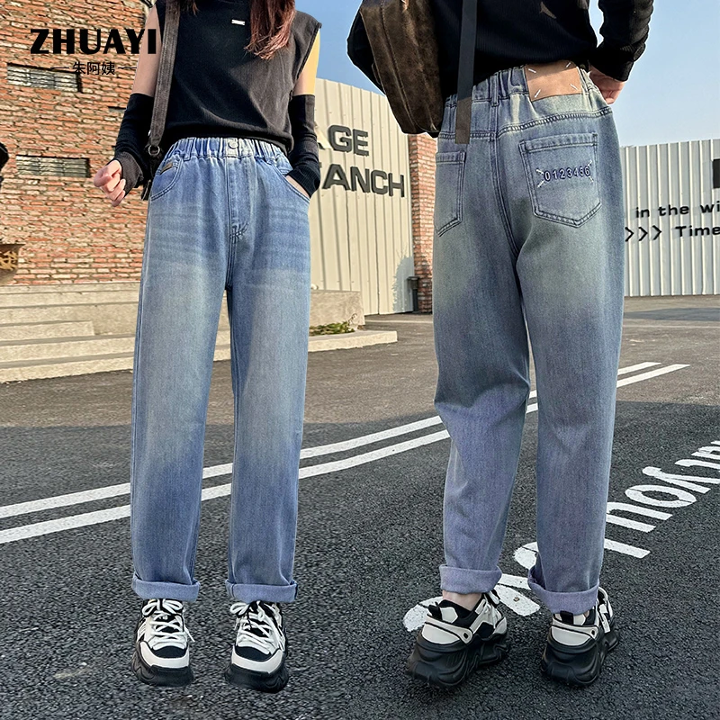 朱阿姨女童浅蓝色牛仔裤2025春季新款直筒裤中大童设计感显瘦裤子